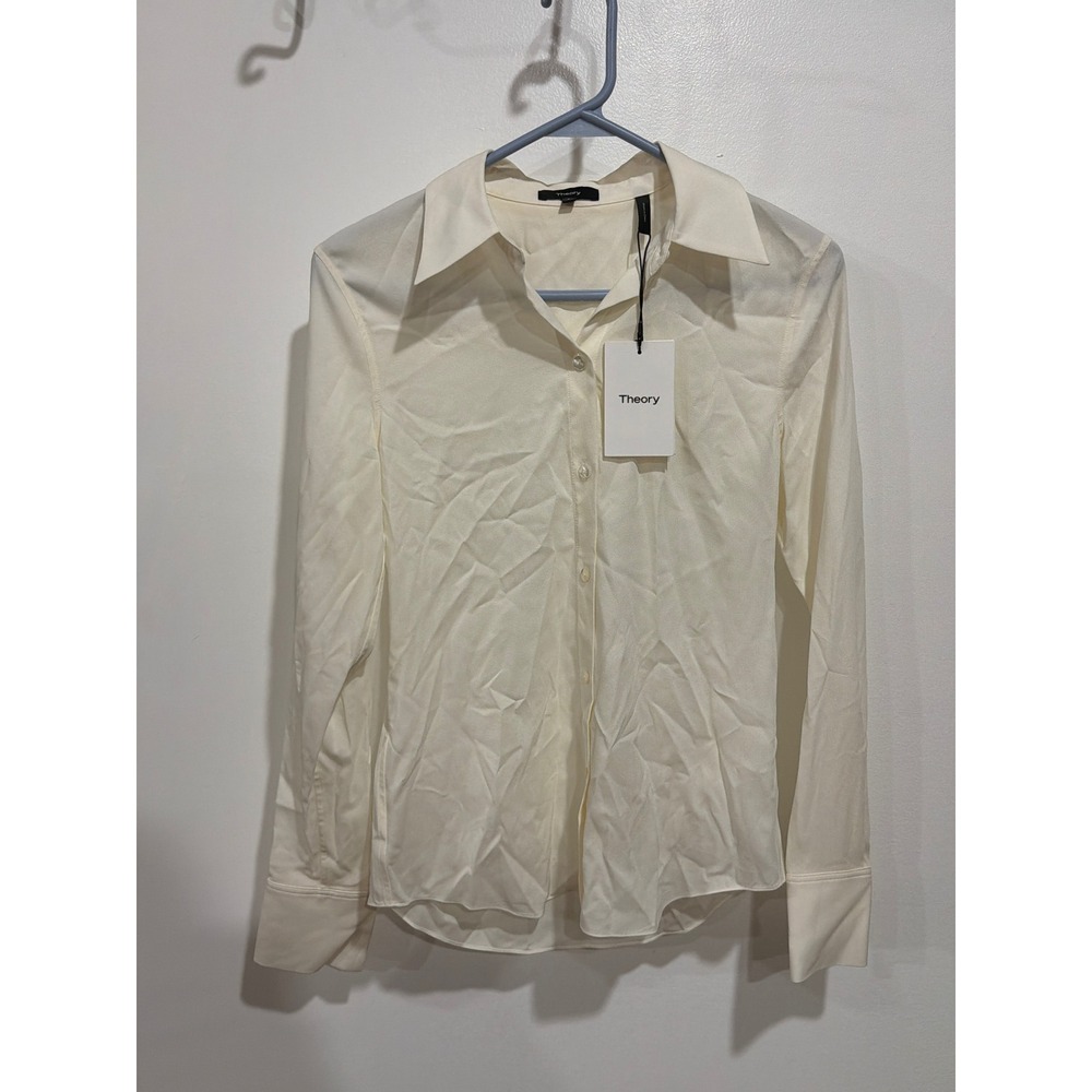 Theory Perfect Fitted Silk Stretch Georgette Crepe Shirt Ivory S corporate NWT P